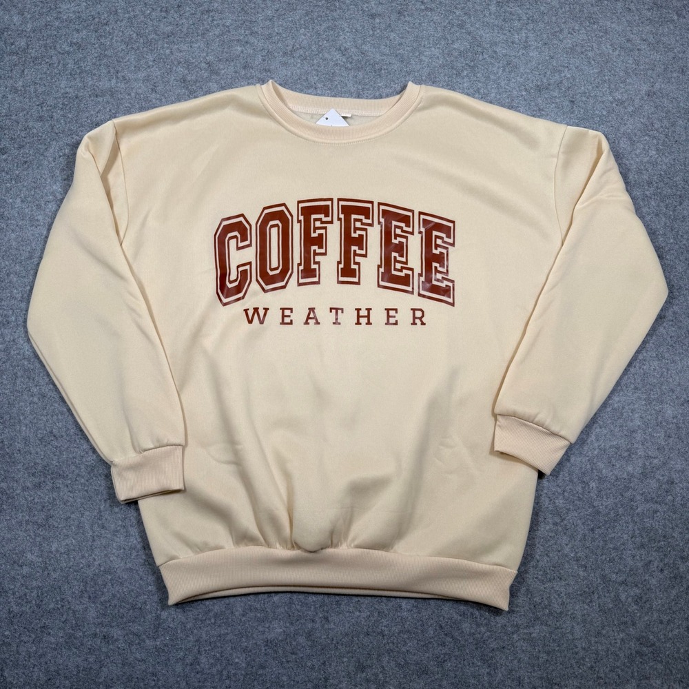 Coffee Weather Graphic Sweatshirt Cream Beige Collegiate Pullover Large NWT